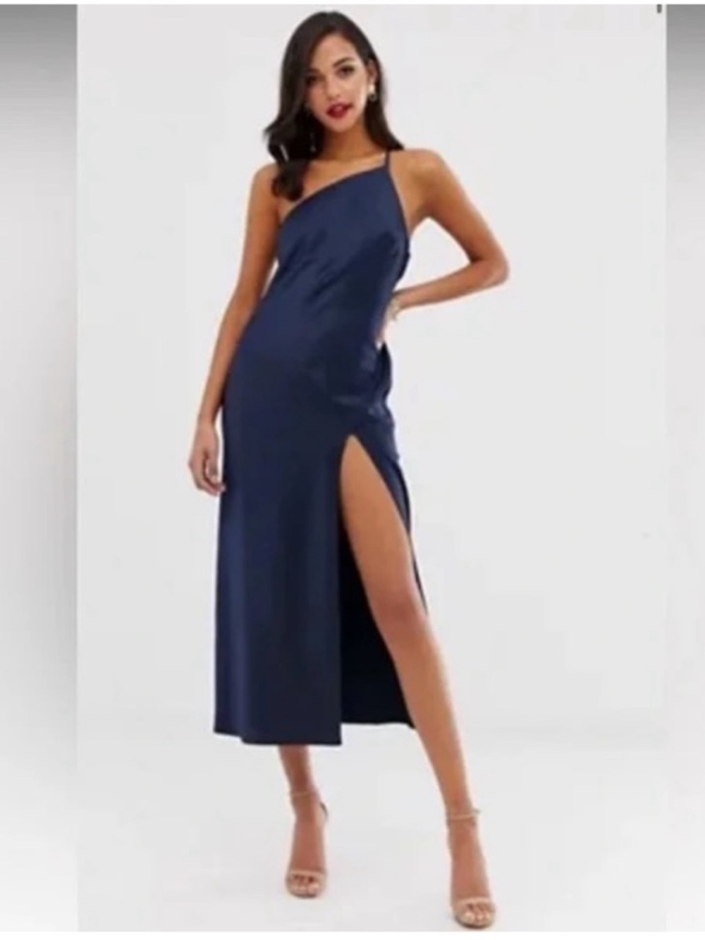ASOS Navy One-Shoulder Satin Midi Dress